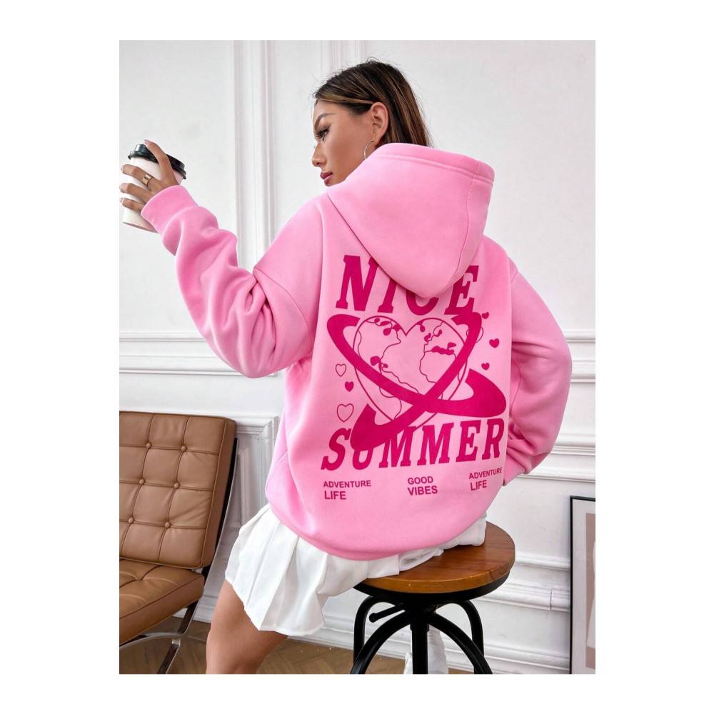 Black Sokak Pembe Nice Summer Baskılı Oversize Kapüşonlu Unisex Sweatshirt XL Beden Bayan Sweatshirt Fiyatı