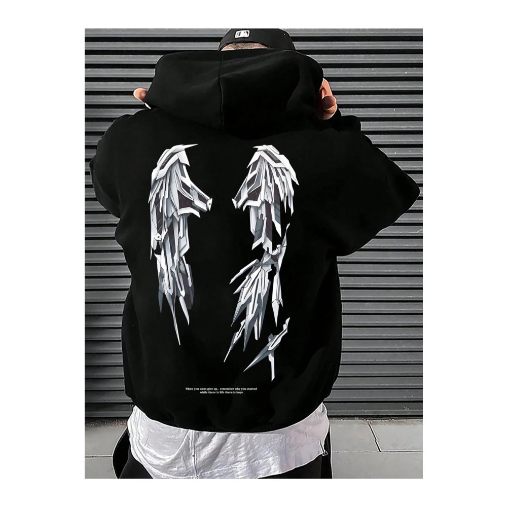 Black Sokak Siyah Demir Kanat Baskılı Oversize Kapüşonlu Erkek Sweatshirt XL Beden Bayan Sweatshirt Fiyatı