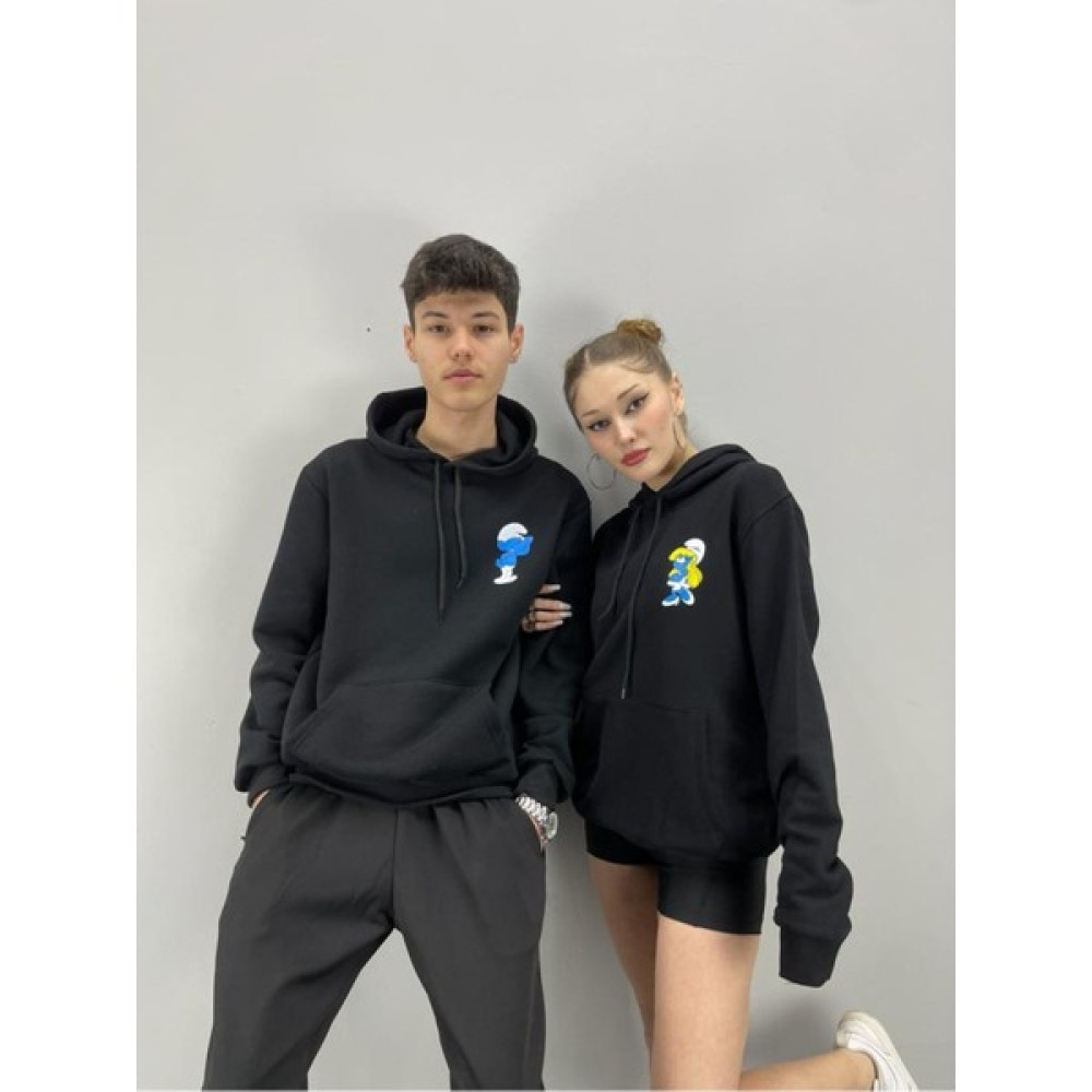 Black Sokak Siyah Şirinler Baskılı Sevgili Çift Kombini İkili Set Erkek Sweatshirt Fiyatı