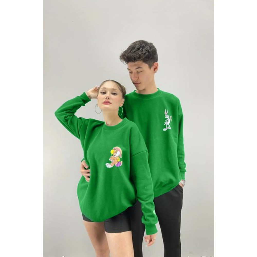 Black Sokak Unisex Yeşil Bugs Bunny Baskılı Bisiklet Yaka Sevgili Çift Kombini 2'li Set Erkek Sweatshirt Fiyatı