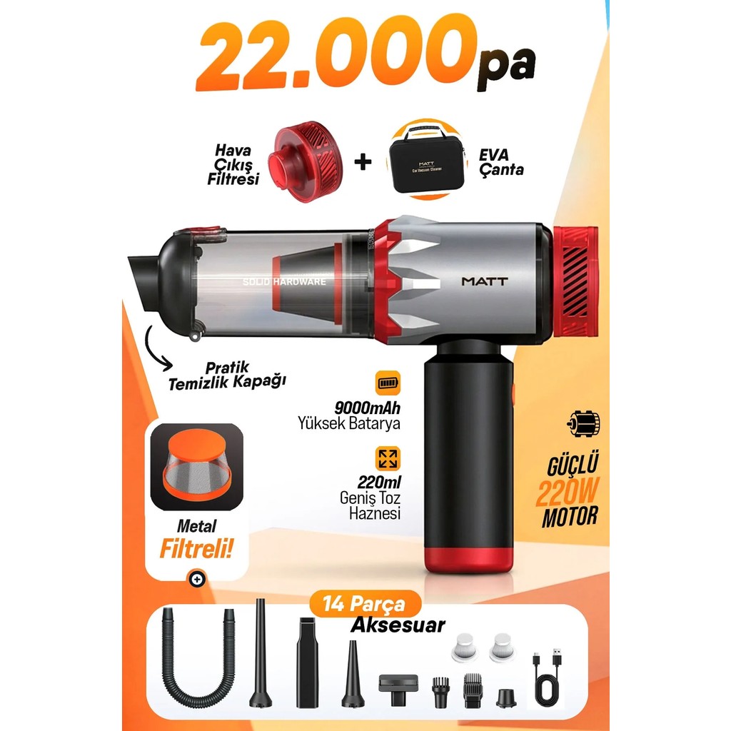 Blackbird Game Center Matt MCV22 Şarjlı Araç Süpürgesi Kırmızı 22.000PA Güçlü Vakumlu Mini Type-C Şarjlı 220ML Bilgisayar Çevirici ve Adaptörü Fiyatı