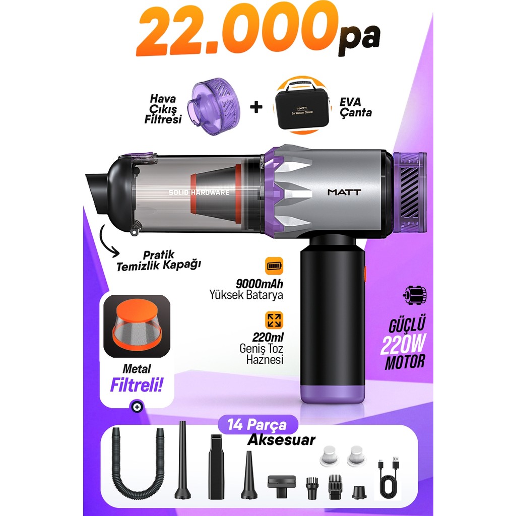 Blackbird Game Center Matt MCV22 Şarjlı Araç Süpürgesi Mor 22.000PA Güçlü Vakumlu Type-C Şarjlı 220ML Bilgisayar Çevirici ve Adaptörü Fiyatı
