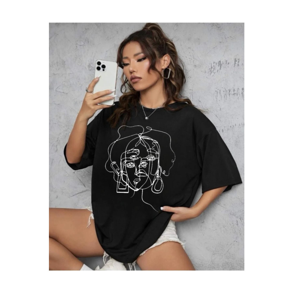 blackbonds Kadın Siyah Yüz Baskı Detaylı Oversize T-shirt L Beden Bayan T-shirt Fiyatı