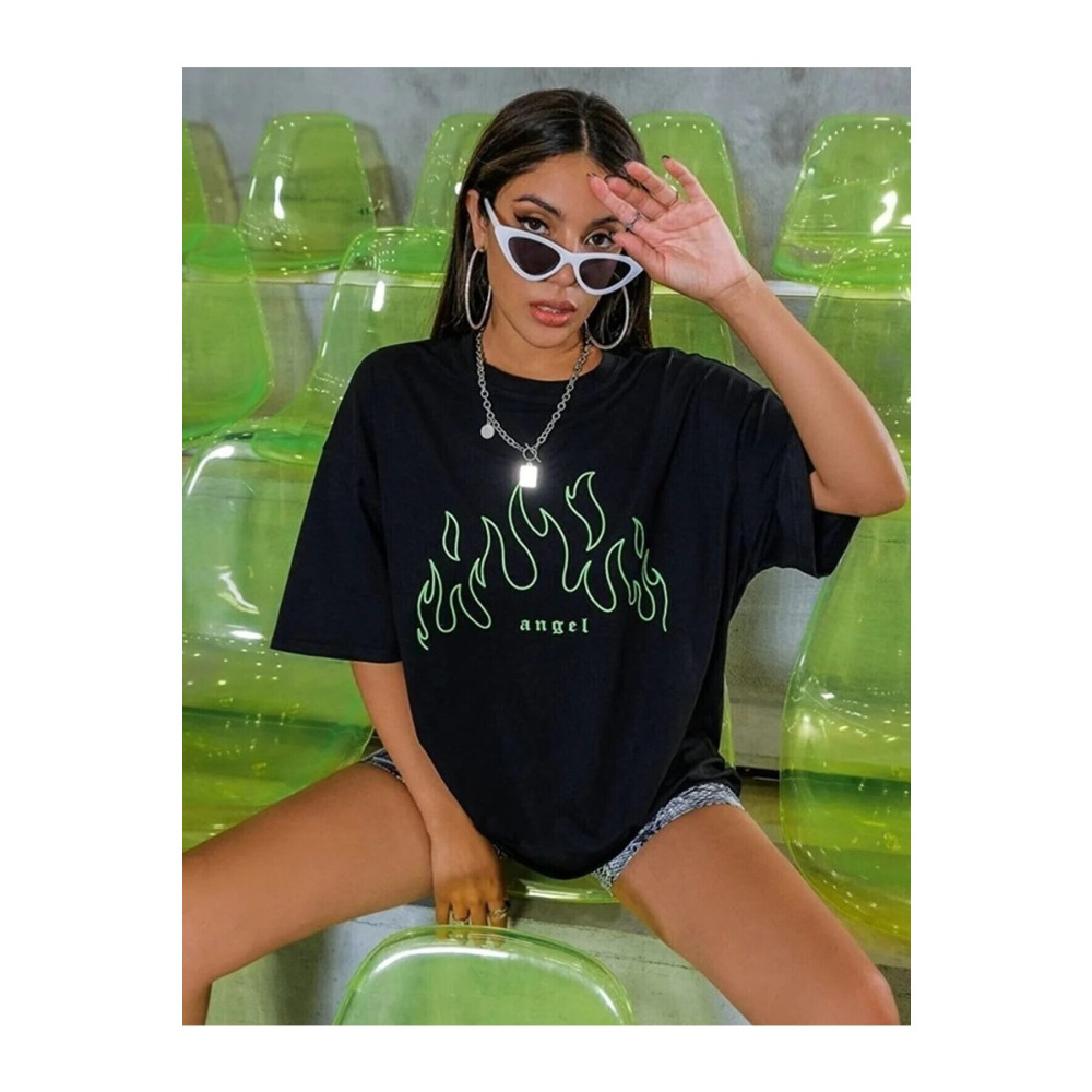 blackbonds Kadın Yeşil Angel Baskılı Oversıze Tshirt XL Beden Bayan T-shirt Fiyatı