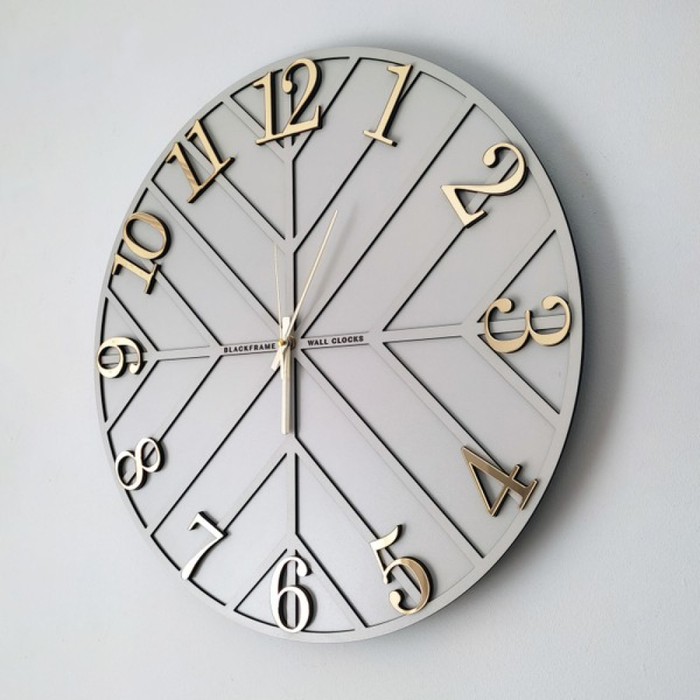 Blackframe - Diagonal Lines - Açık Gri & Gold - 50CM Duvar Saati Dekoratif Saat Fiyatı