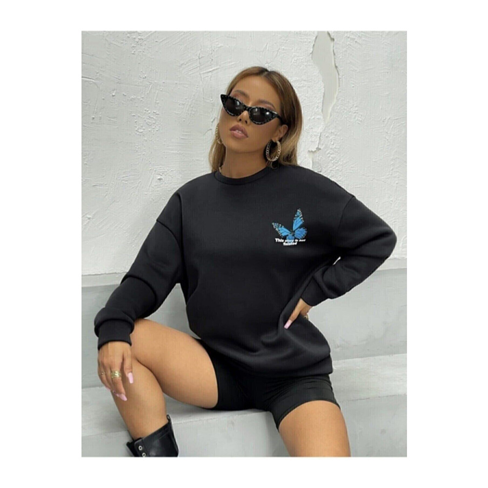 blackjack giyim Kadın Siyah Oversize Mavi Kelebek Baskılı Bisiklet Yaka S Beden Bayan Sweatshirt Fiyatı