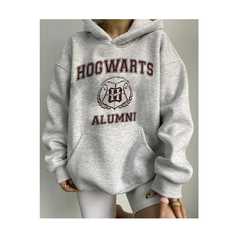 blackjack giyim Unisex Gri Oversize Kapüşonlu Kanguru Cepli Hogwarts Baskılı Sweatshirt Hoodie L-XL Beden Bayan Sweatshirt Fiyatı