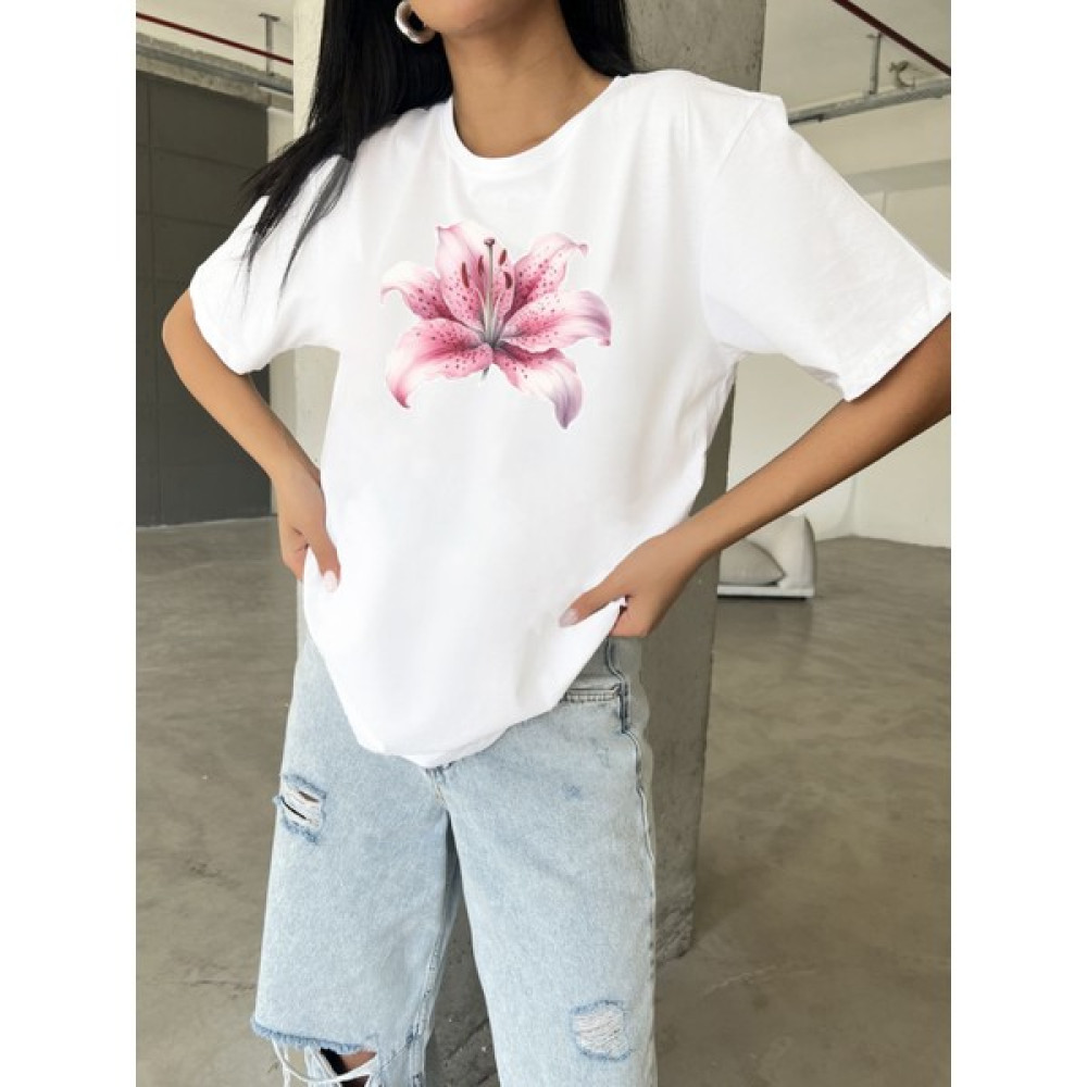 Blah Zambak Baskılı Yapay Zeka Tasarımı Ekolojik Penye Oversize %100 Pamuk Kadın T-Shirt Bayan T-shirt Fiyatı