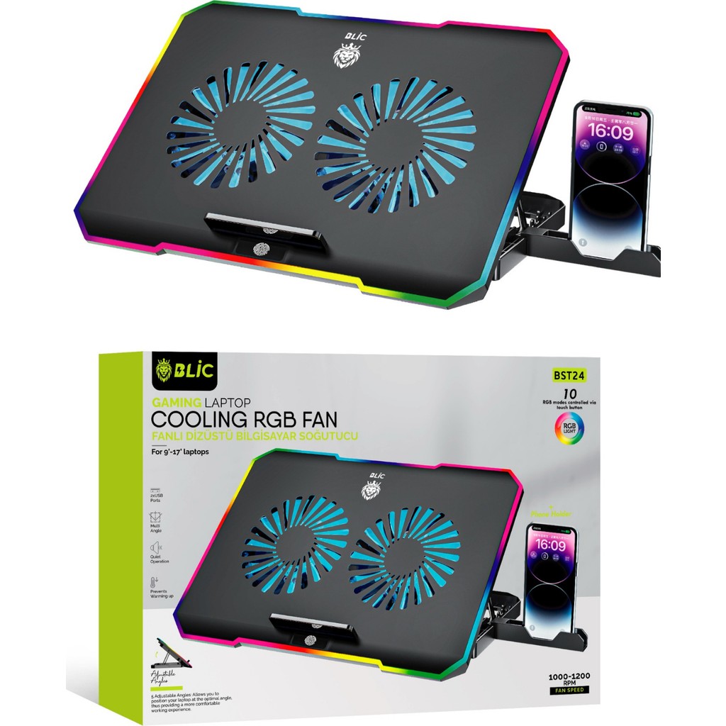 Blic Siyah Rgb 2 Fanlı 9-17" Inç 1.200RPM Telefon Tutacaklı Notebook Dizüstü Soğutucu Stand - 9-17'' Diğer Fiyatı