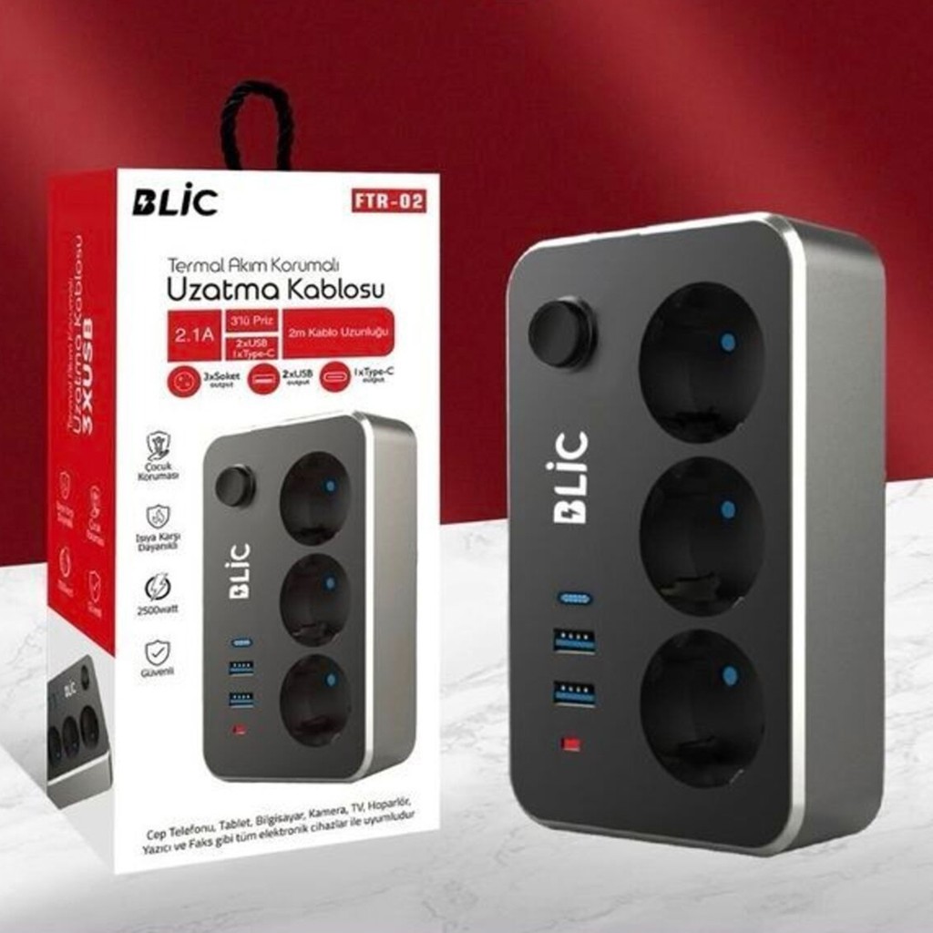 Blic Termal Akım Korumalı 3'lü Priz ve USB Şarj Istasyonu 2 Usb, 1 Type-C Ofis Ev - Siyah Bilgisayar Çevirici ve Adaptörü Fiyatı