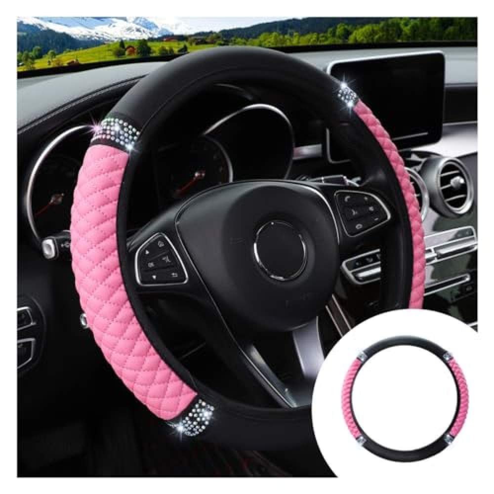 Bling Soft Leather Steering Wheel Cover, 15 Inch Colorful Rhinestones Auto Elastic Protector with Crystal Diamond for Women Girls, Car Accessories for Most Cars, SUVs (Pink)