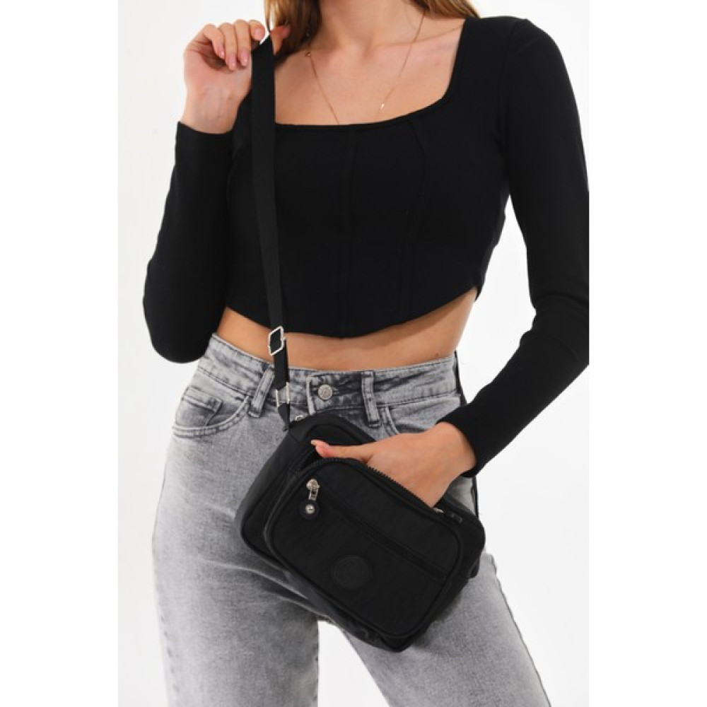 Bliss Krinkıl Kumaş Unisex Çok Bölmeli Su Geçirmez Siyah Çapraz Askılı Omuz Çantası Bayan Çanta ve Cüzdan Fiyatı