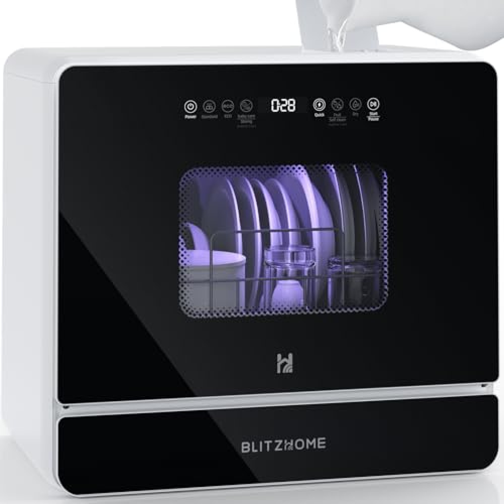 BLITZHOME Countertop Portable Dishwasher, 9 Programs, 167℉ High-Temp, 360° 3 Spray, 24H Timing, Hot Air Drying, Air Refresh, Baby-Care, LED Light, 5.2L Built-in Water Tank for Apartments RVs