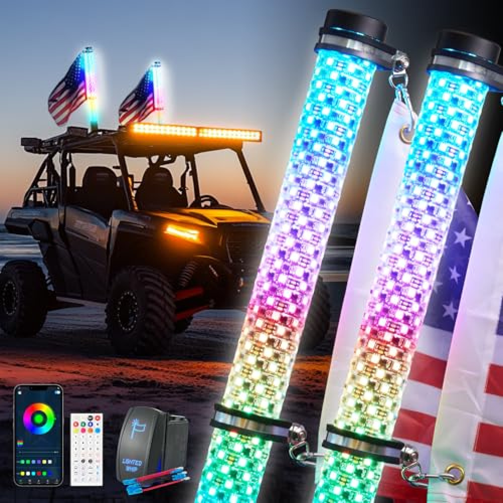 Blogole 2FT Fat Whip Light with Switch Kit, RGB App Control, High Brightness LED, Universal for UTV/ATV/SxS/RZR/Can-am, 2 Pack