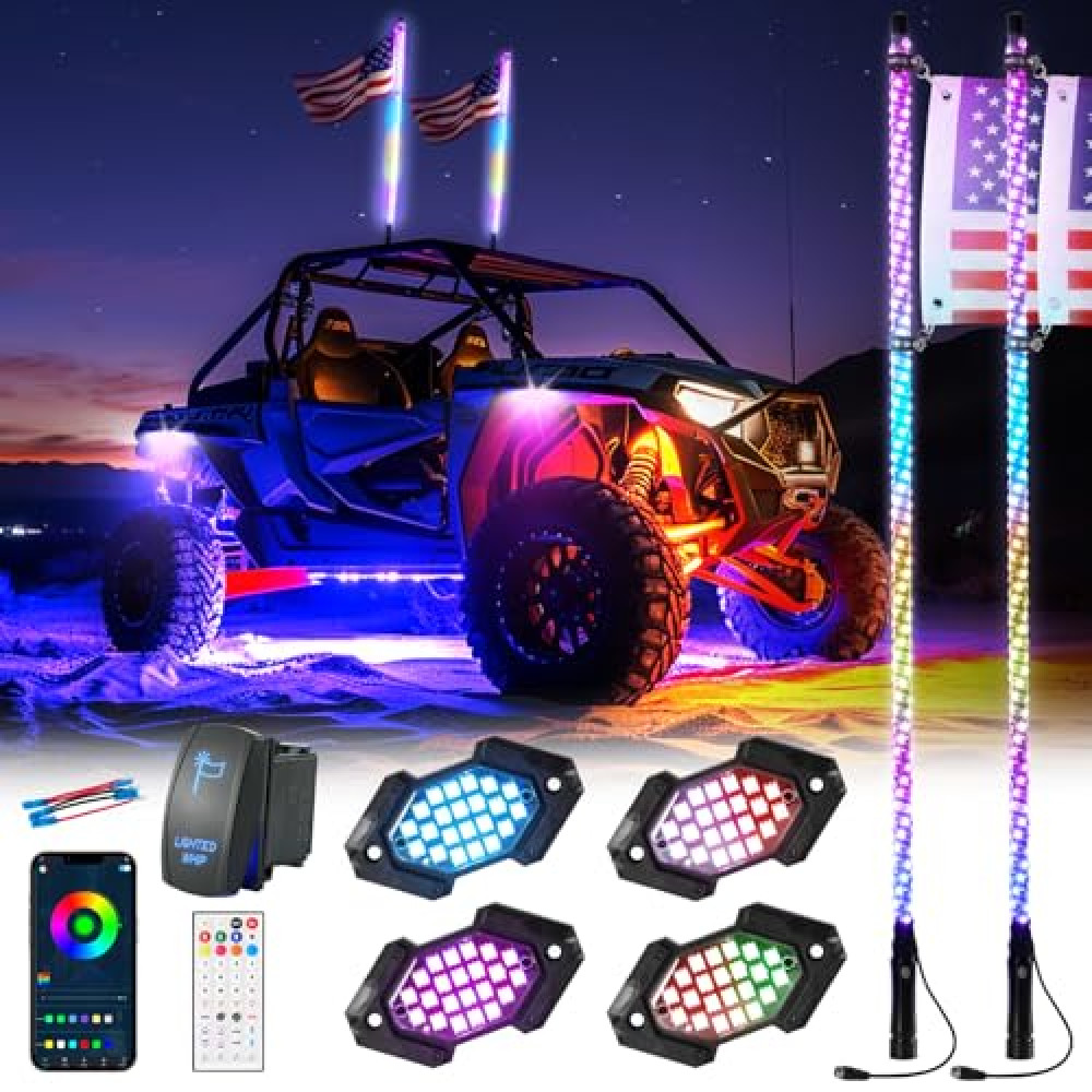 Blogole 4FT Whip Light and Rock Light Combo Kit with Spring Base, Switch, App Control, Universal for UTV/ATV/RZR/SxS/Can-am, 2 Pack