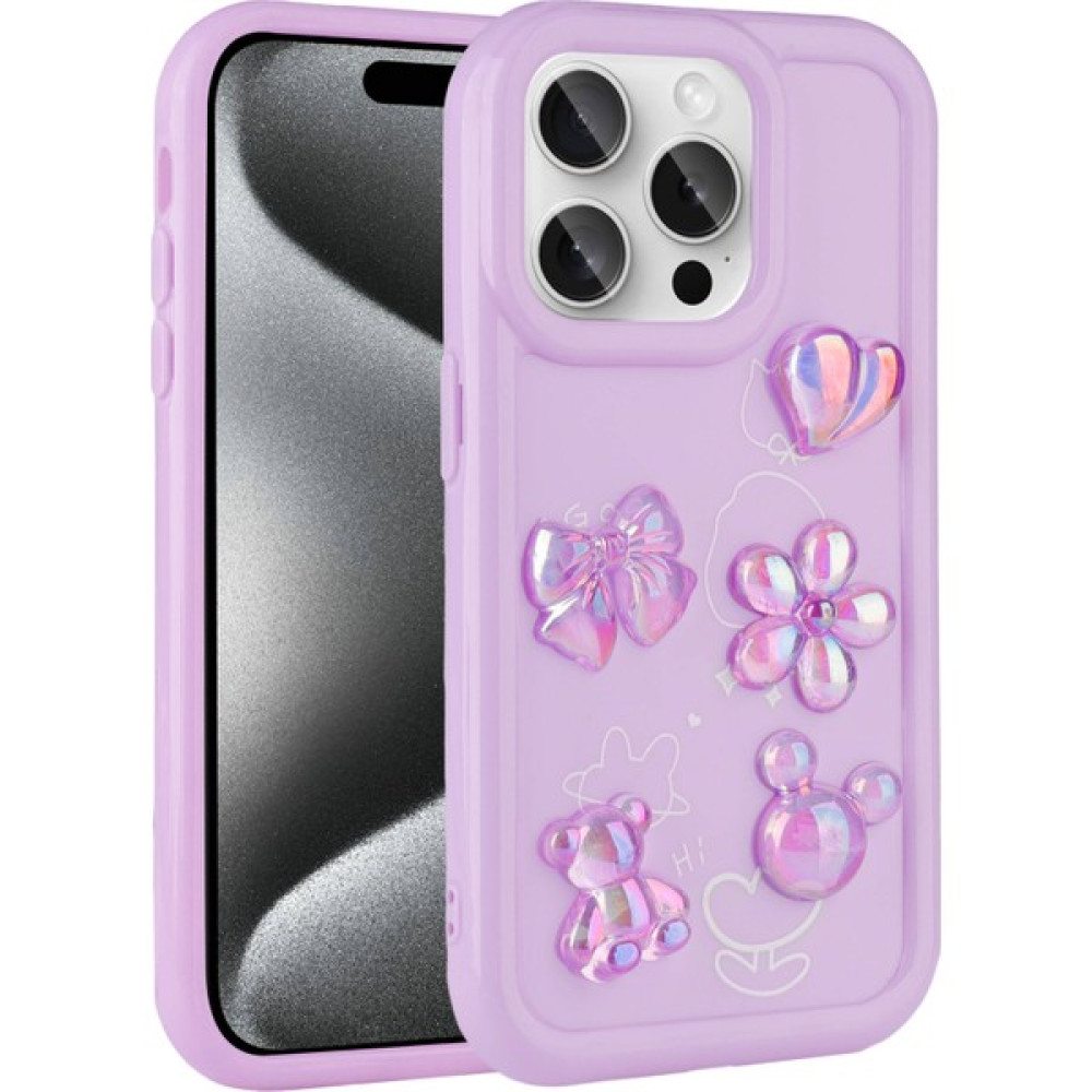BLS Store iPhone 15 Pro Max - Uyumlu Kabartma Figürlü Parlak Bls Store Toys Silikon Kapak-Mor - Mor Cep Telefonu Kılıfı Fiyatı