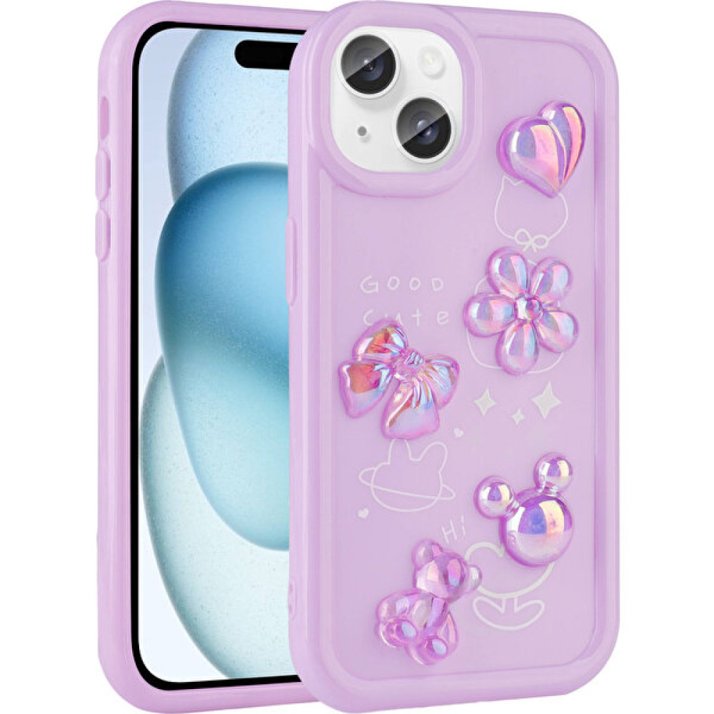 BLS Store iPhone 15 - Uyumlu Kabartma Figürlü Parlak Bls Store Toys Silikon Kapak-Mor - Mor Cep Telefonu Kılıfı Fiyatı
