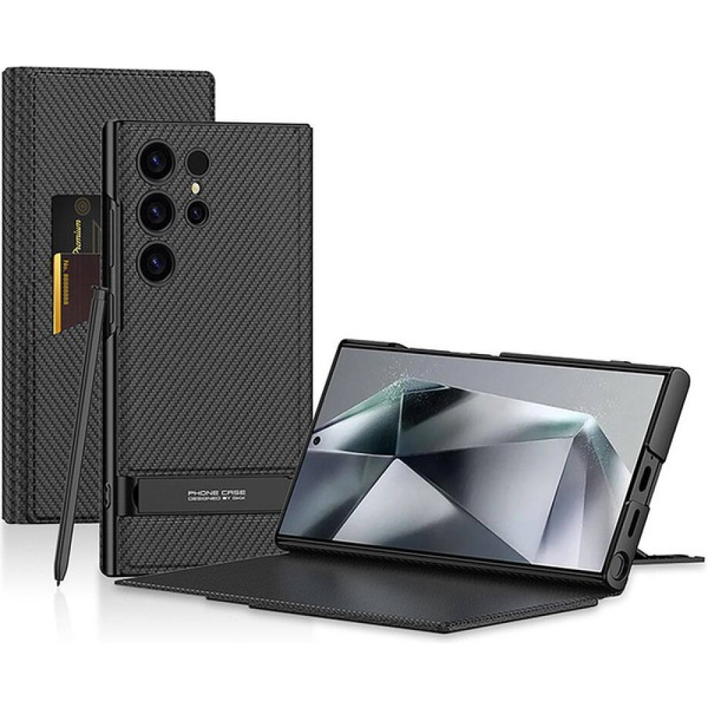 BLS Store Samsung Galaxy S24 Ultra Kılıf Kamera Korumalı Karbon Tasarım Droga Standlı Kartlıklı Kapaklı Kılıf - Siy - Siyah Karbon Cep Telefonu Kılıfı Fiyatı