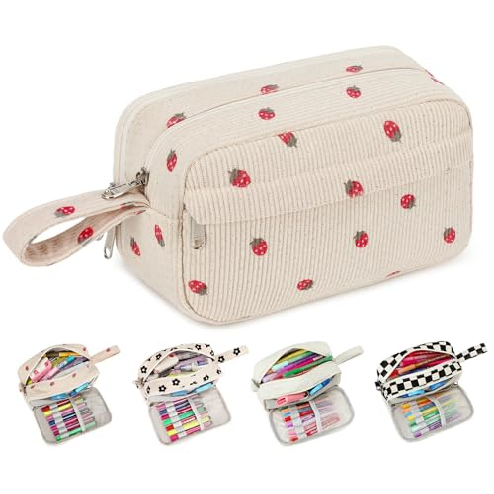 Bluboon Big Capacity Pencil Case Pencil Pouch Pen Case School Supplies Cute Pencil Box Pencil Bag for Teen Girls Boys Women Man (Strawberry Beige)
