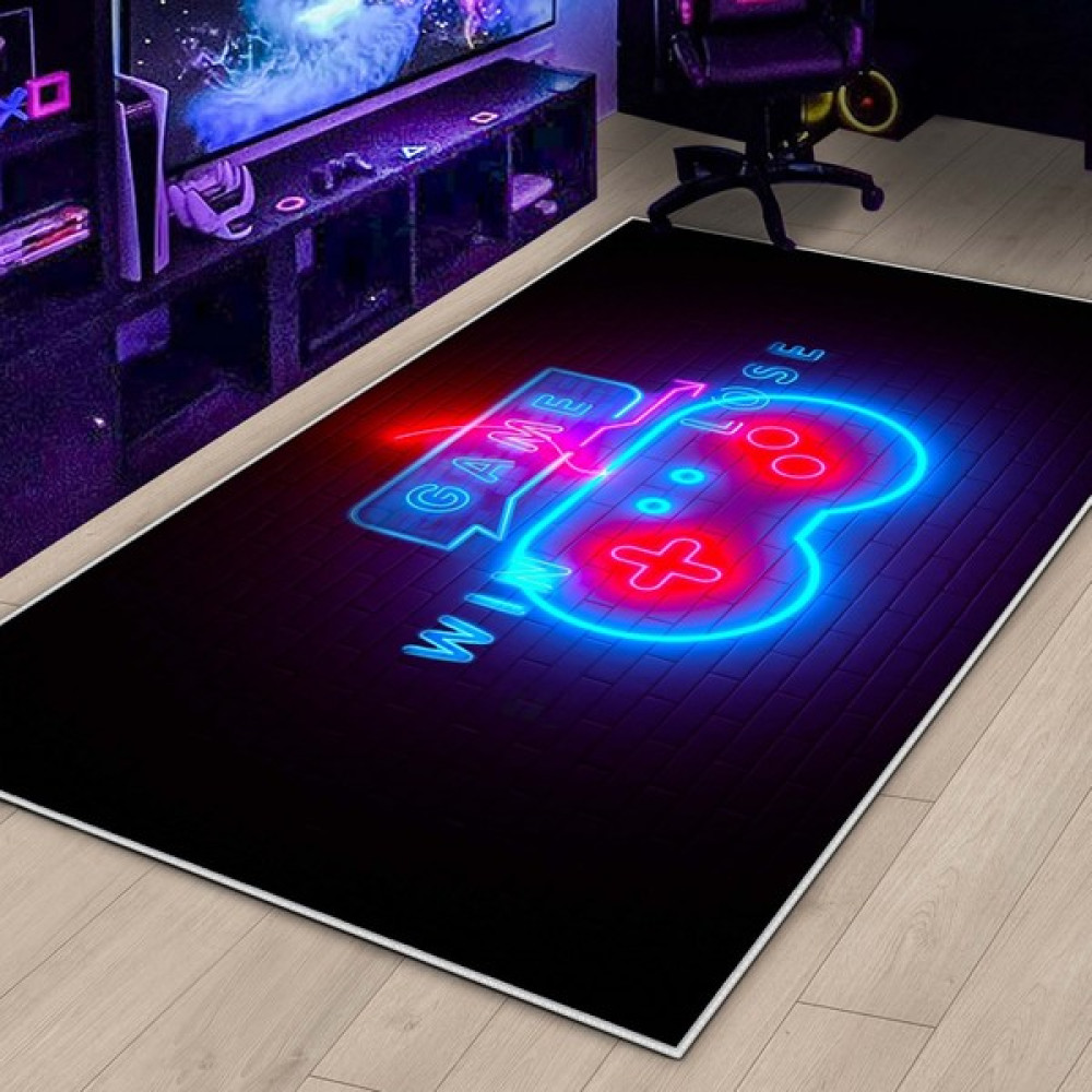 Blue Decortiva Gamer Halı Oyuncu Odası Için Led Işık Görselli Yıkanabilir Kaymaz Taban Halı Genç Odası Için Halı - Mavi - 40 x 60 cm Salon Halısı Fiyatı