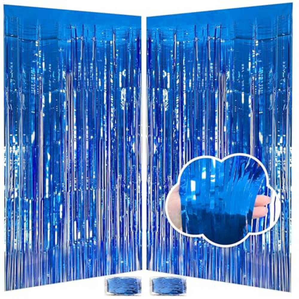 Blue Streamers Party Decorations 3.3x8.2ft, 2 Pack Dark Blue Tinsel Backdrop for Ocean Themed Party Decor, Glitter Blue Foil Fringe Curtains for Door Decorations Hanging Birthday Baby Shower Halloween