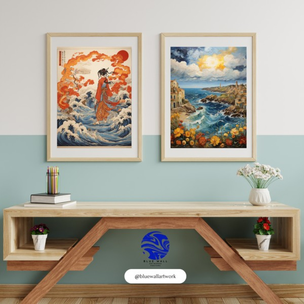 Blue Wall - Zıtlıkların Uyumu - Sahil Esintisi - 2'li Çerçevesiz Tasarım Poster Duvar Sanatı - 30 x 42 Poster Fiyatı