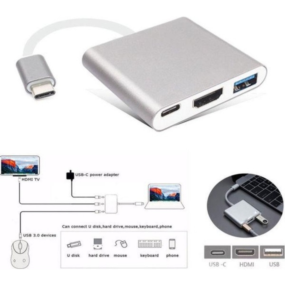 Blue Wings Type-C To HDMI USB 3.0 Çevirici 3'in 1 Dönüştürücü Adaptör Multifunction - Gümüş Bilgisayar Çevirici ve Adaptörü Fiyatı