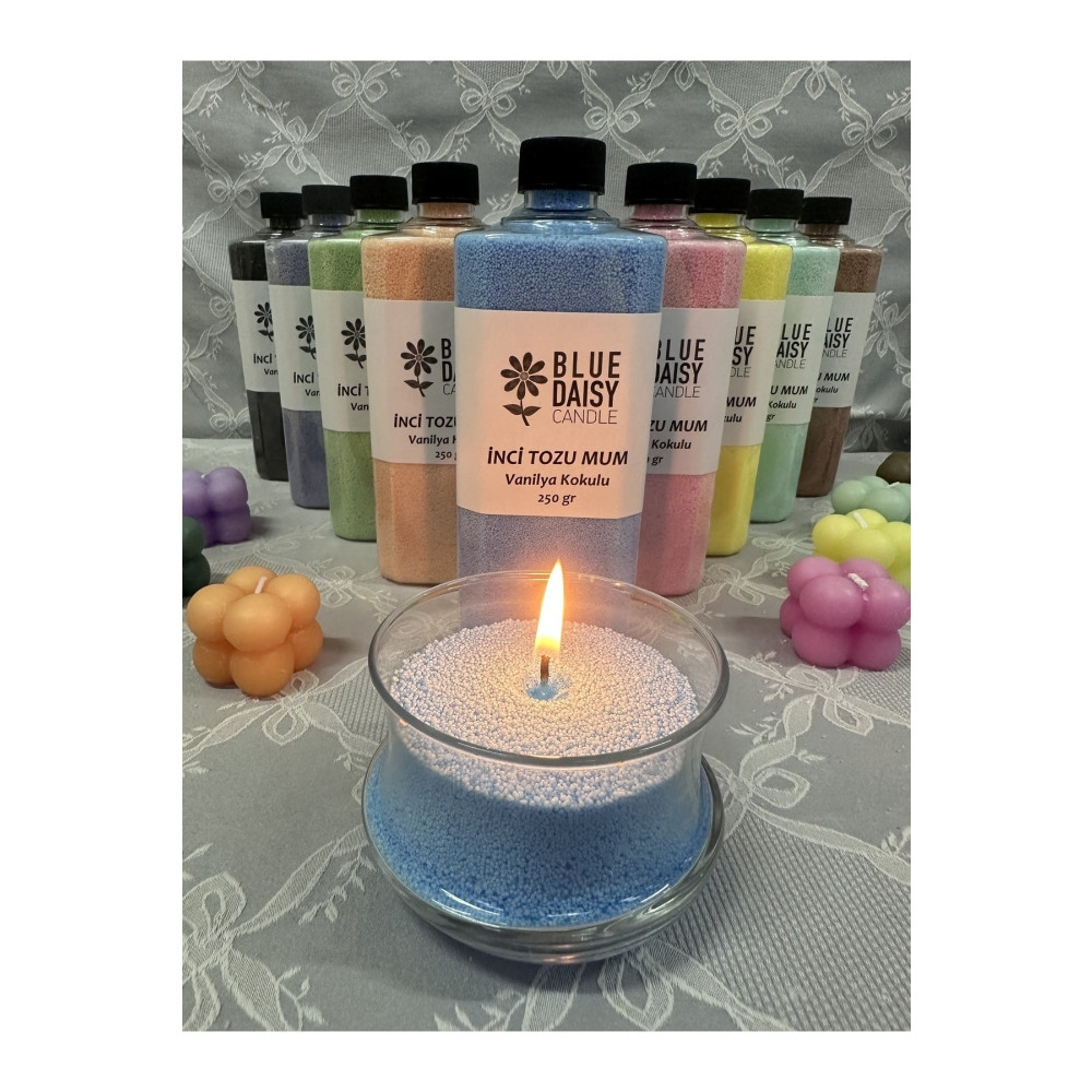 BlueDaisyCandle Inci Tozu Mum ( 30 Adet Fitil Ile ) Vanilya Aromalı Mavi 250 gr Dekoratif Mum Fiyatı