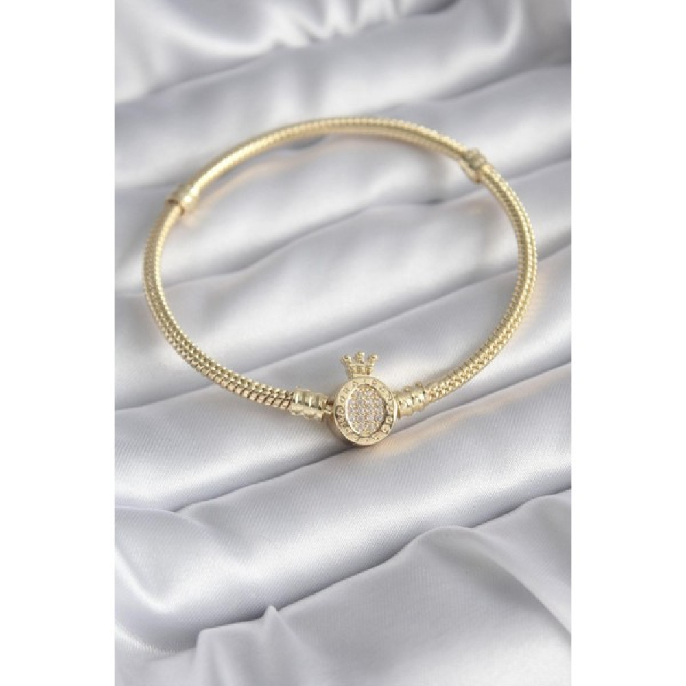Bluefeet Pirinç Gold Zirkon Taşlı Taç Pandora Yazılı Detay Charm Model Kadın Bileklik - Standart - Gold - Siyah Saat ve Bileklik Aksesuarı Fiyatı