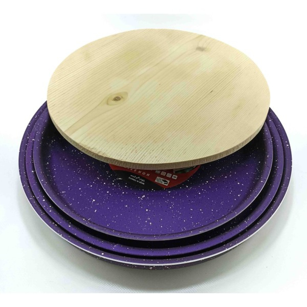Blueline Yuvarlak Granit Pizza Fırın Pişirme Tepsisi 3'lü Tepsi Kesme Dilimleme Tahtası - 32 cm - Mor Tepsiler / Fırın Kapları Fiyatı