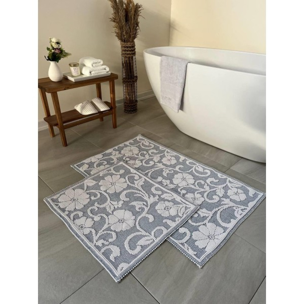 Bluenity Fleur Doğal Pamuklu 2'li Banyo Paspas Seti 60X100+50X60 cm - Açık Mavi Klozet Takımı Fiyatı