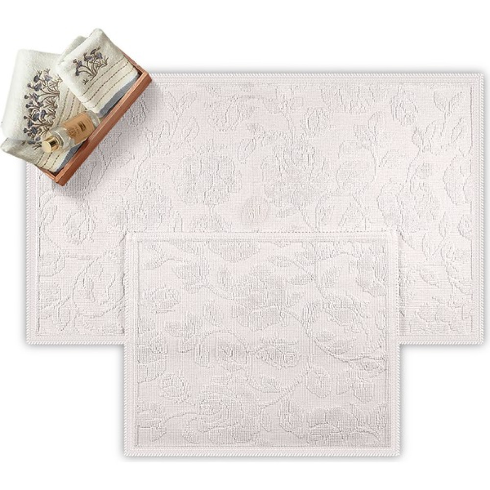 Bluenity Gül Bahçesi Doğal Pamuklu 2'li Banyo Kilim Seti - Ekru - 60x100 + 50x60 Klozet Takımı Fiyatı