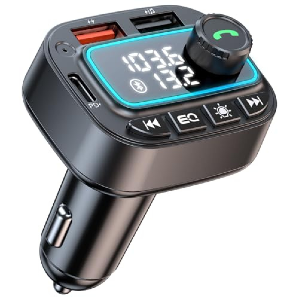 Bluetooth 5.3 Car Adapter FM Transmitter, 42W (PD30W & 12W) USB C Car Charger Wireless Radio Receiver, Hands-Free Calling MP3 Audio Player Car Kit, Light Switch & Fast Charging & Deep Bass (Black)