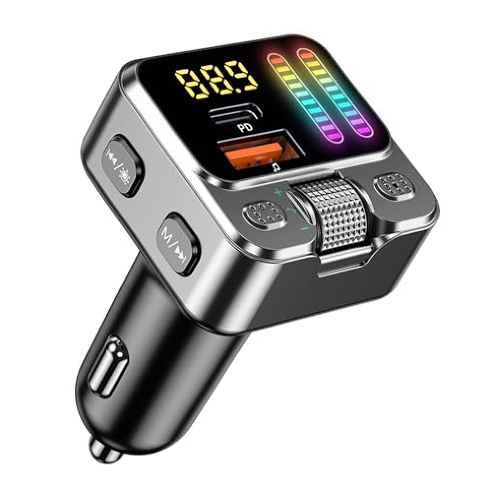 Bluetooth 5.3 Car Adapter with FM Transmitter & 42W PD Fast Charging, Wireless AUX/USB Music Receiver, Hands-Free Calls, Beat Sync LED Lights for Car Stereo, Compatible with All 12V-24V Vehicles