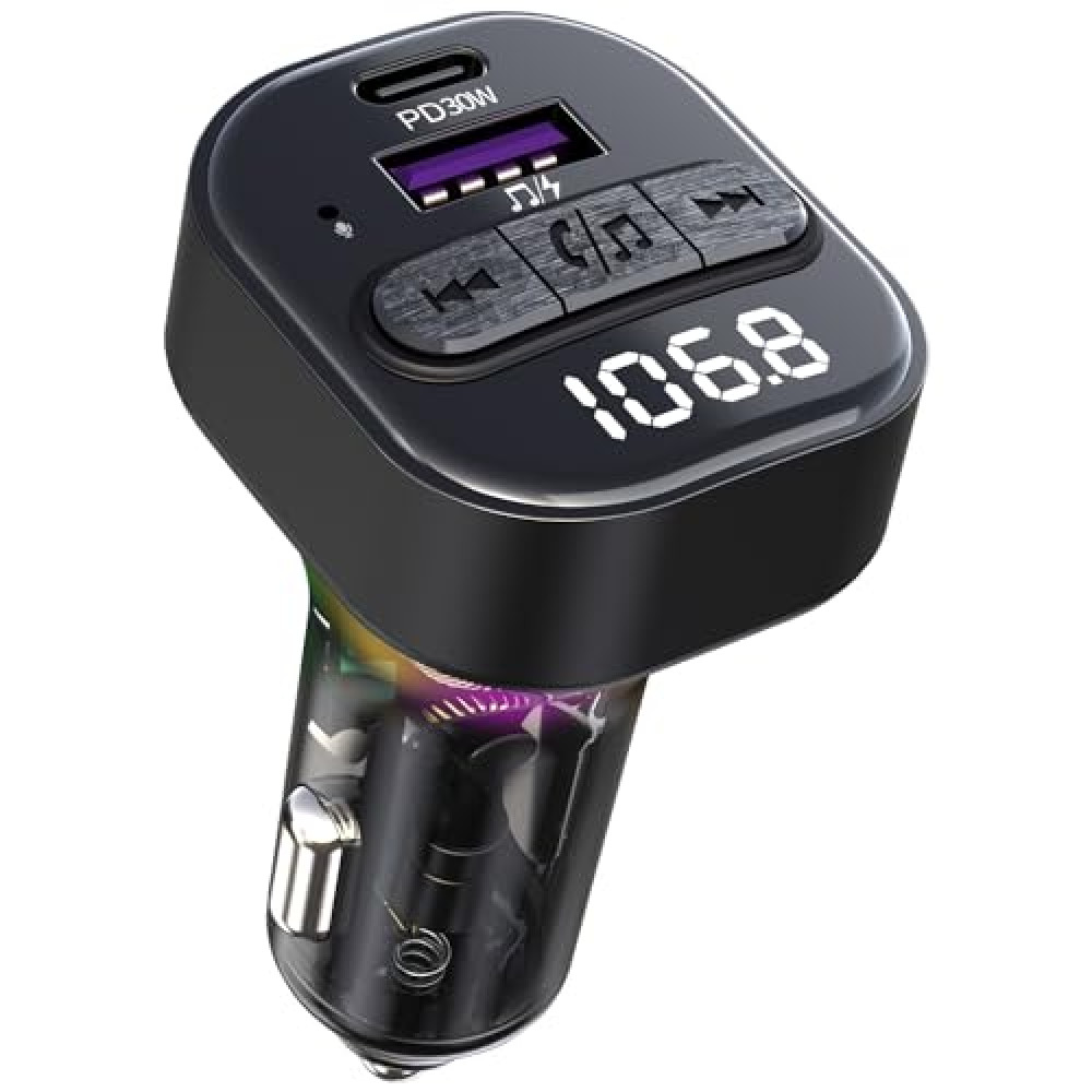 Bluetooth 5.3 FM Transmitter for Car, Bluetooth Car Adapter with Type-C PD(30W) Car Charger and QC3.0 USB Port, Wireless FM Radio Transmitter, Support MP3 Player, Handsfree Calling, LED Backlit,U Disk