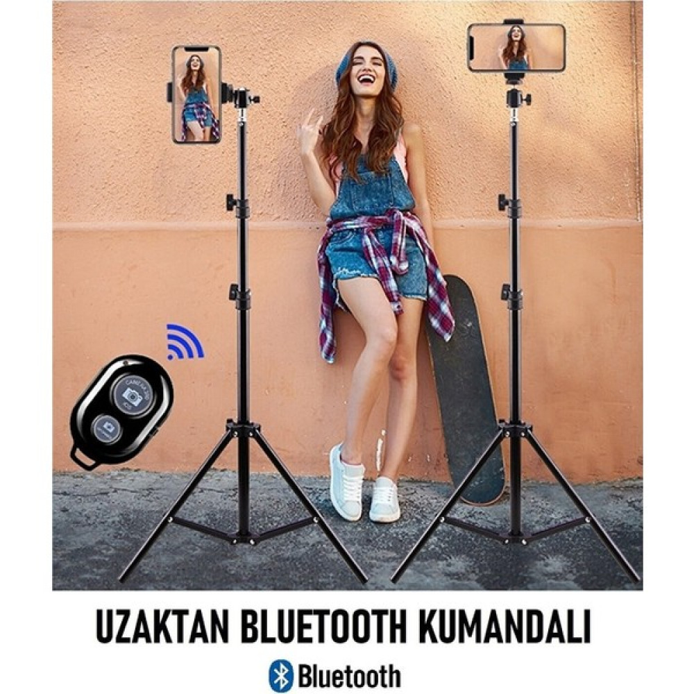 Bluetooth Kumandalı Tripod 2.1 Metre Metal Ring Lıght Lamba Ayağı 360 Döner Başlıklı Telefon Tutucu Kumandalı Tripodlar Fiyatı