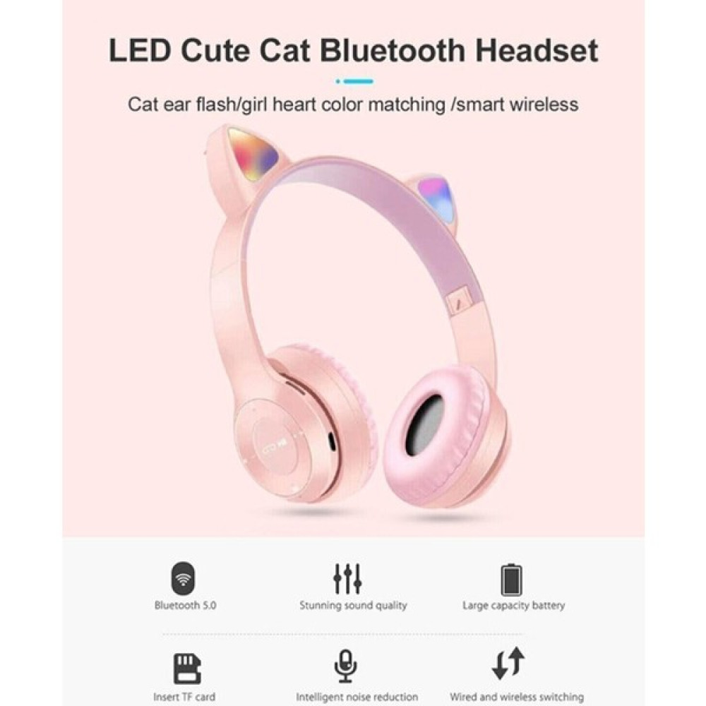 Bluetooth Mikrofonlu LED Işıklı Hafıza Kartı Girişli Kulak Üstü Kedi Kulaklık - Pembe Kulak Üstü Kulaklık Fiyatı