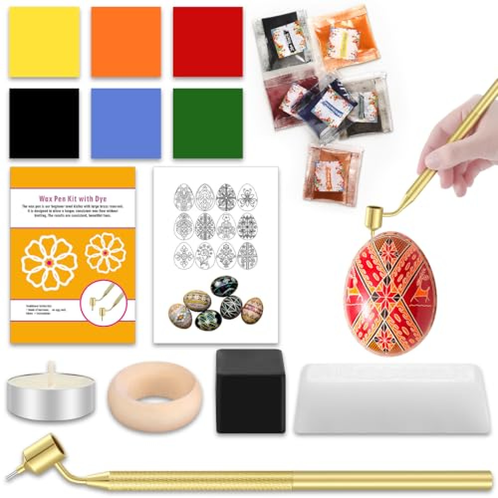Blushtier 12 Pcs Ukrainian Easter Egg Decorating Kit Pysanky Traditional Easter Decorating Set 0.3mm Kistka Pen Egg Stand Candle Beeswax Instructions and 6 Dyes for Color DIY Craft Set