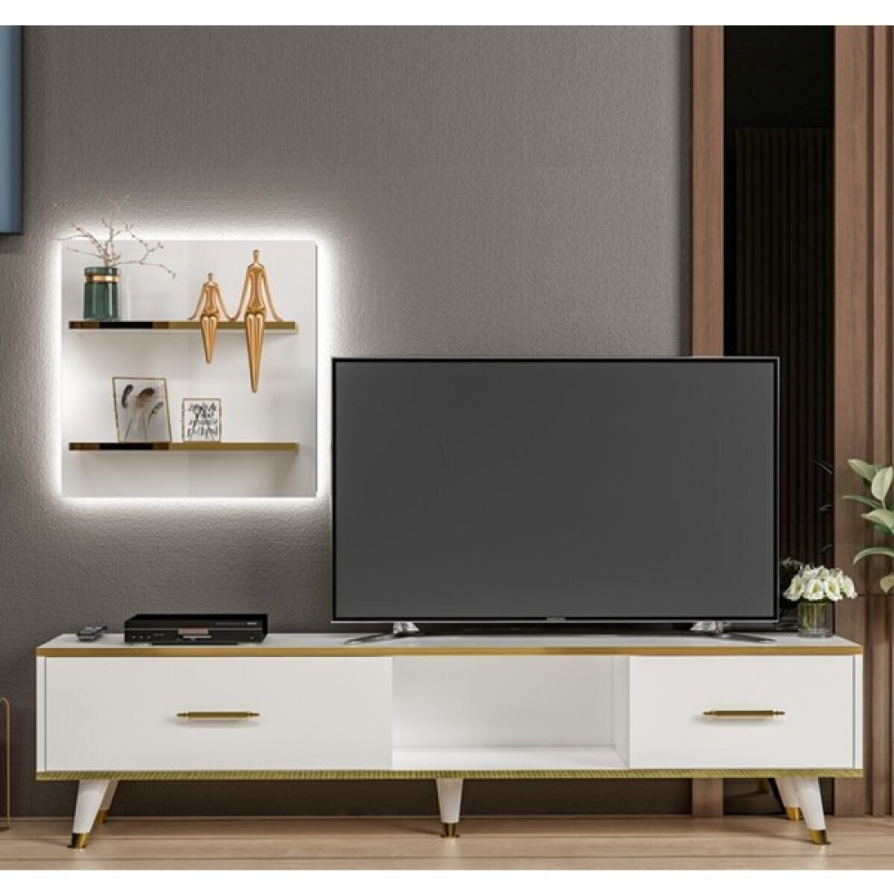 BMdekor TV Ünitesi Avon Beyaz Gold Ledli 180 cm - Beyaz - Gold Tv Ünitesi / Sehpası Fiyatı