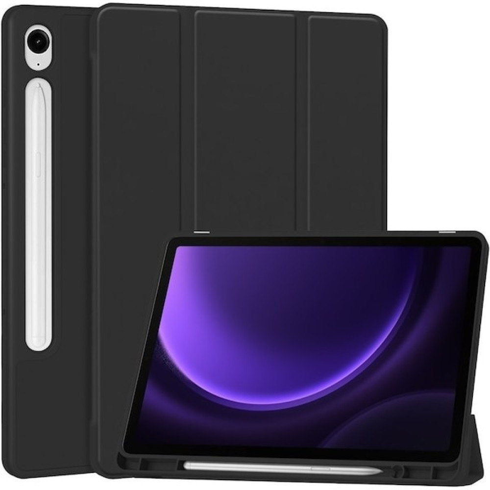 Bochera Samsung Galaxy Tab S9 Fe Deri Kılıf Üç Katlı Stant Kalem Yuvası Tablet Kapağı (Yurt Dışından) - Yok - Siyah Tablet Kılıfı Fiyatı