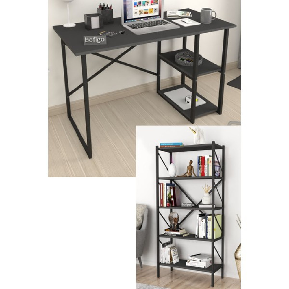 Bofigo 2 Raflı Çalışma Masası Bilgisayar Masası Ofis Ders Masası + 5 Raflı Kitaplık Metal Kitaplık Antrasit - Y: 75 cm D: 60 cm G: 120 cm Çalışma Masası Fiyatı
