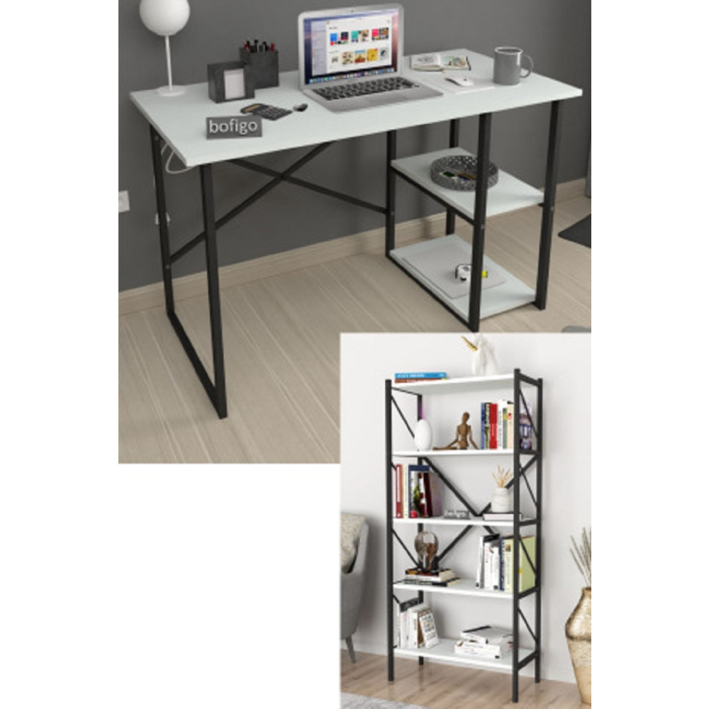 Bofigo 2 Raflı Çalışma Masası Bilgisayar Masası Ofis Ders Masası + 5 Raflı Kitaplık Metal Kitaplık Beyaz Çalışma Masası Fiyatı