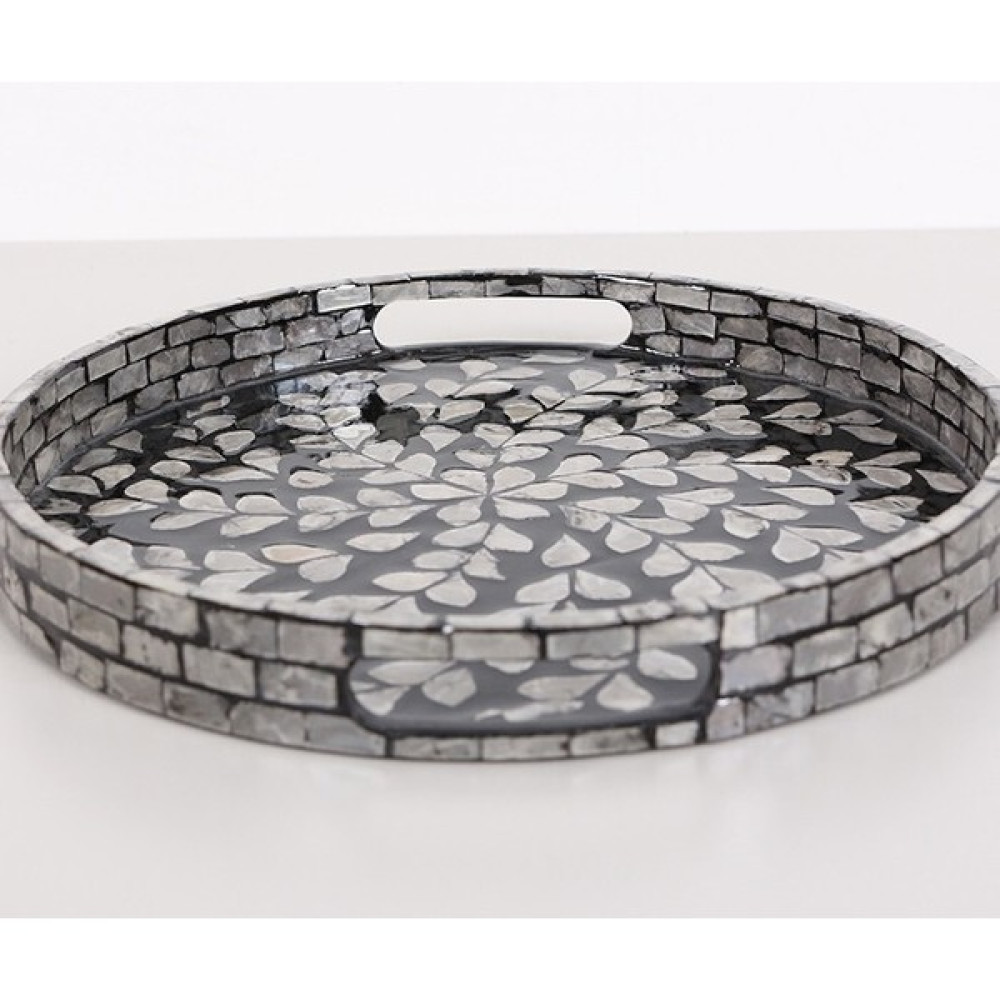 Bohem Dekoratif Siyah Gri Yaprak Desenli Sedefli Mozaik Yuvarlak Sunum Tepsi 30x3.5 cm Servis Tepsisi Fiyatı