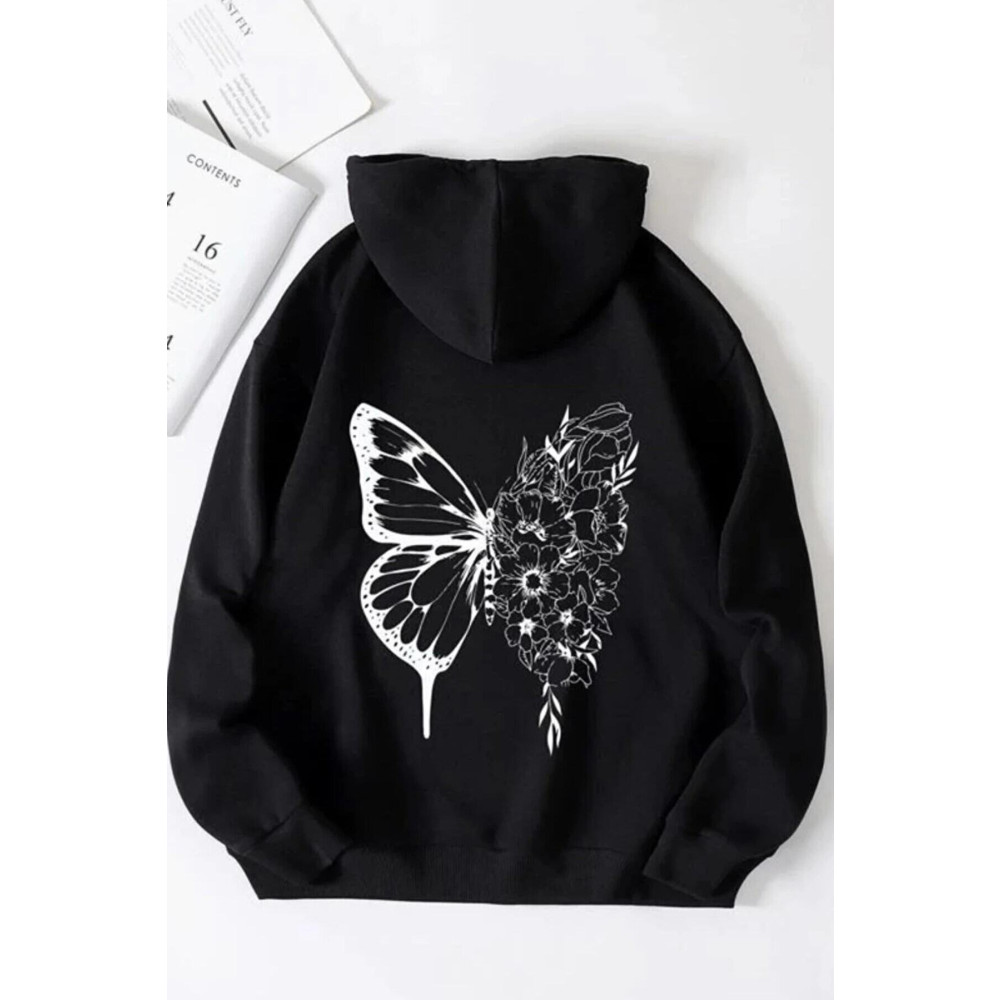BOHEMGİYİM Kadın Oversize Çicekli Kelebek Siyah Sweatshirt 2XL-3XL Beden Bayan Sweatshirt Fiyatı