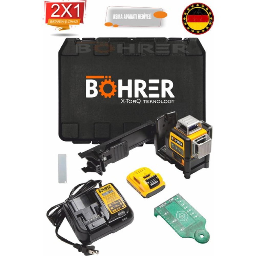 Böhrer 12V Max Lazer Seviyesi, Yeşil Çizgi Lazeri, 3 Yollu, 360 Derece Profesyonel , Kablosuz Edilebilir Diğer Test ve Ölçüm Cihazları Fiyatı