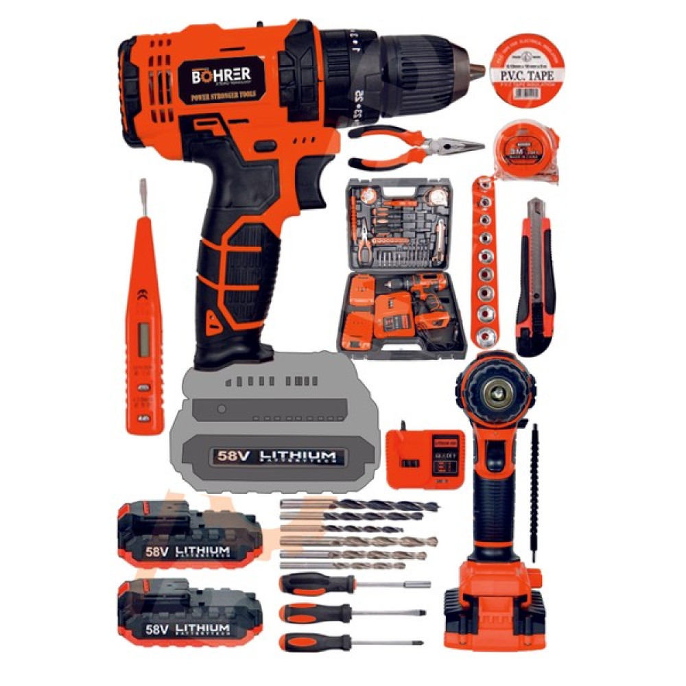 Böhrer 58V 5AH Darbeli Metal Şanzıman 32 Parça Full Set Dark Orange Çift Akülü Şarjlı Vidalama Matkap - Turuncu Elektrikli El Aletleri Fiyatı