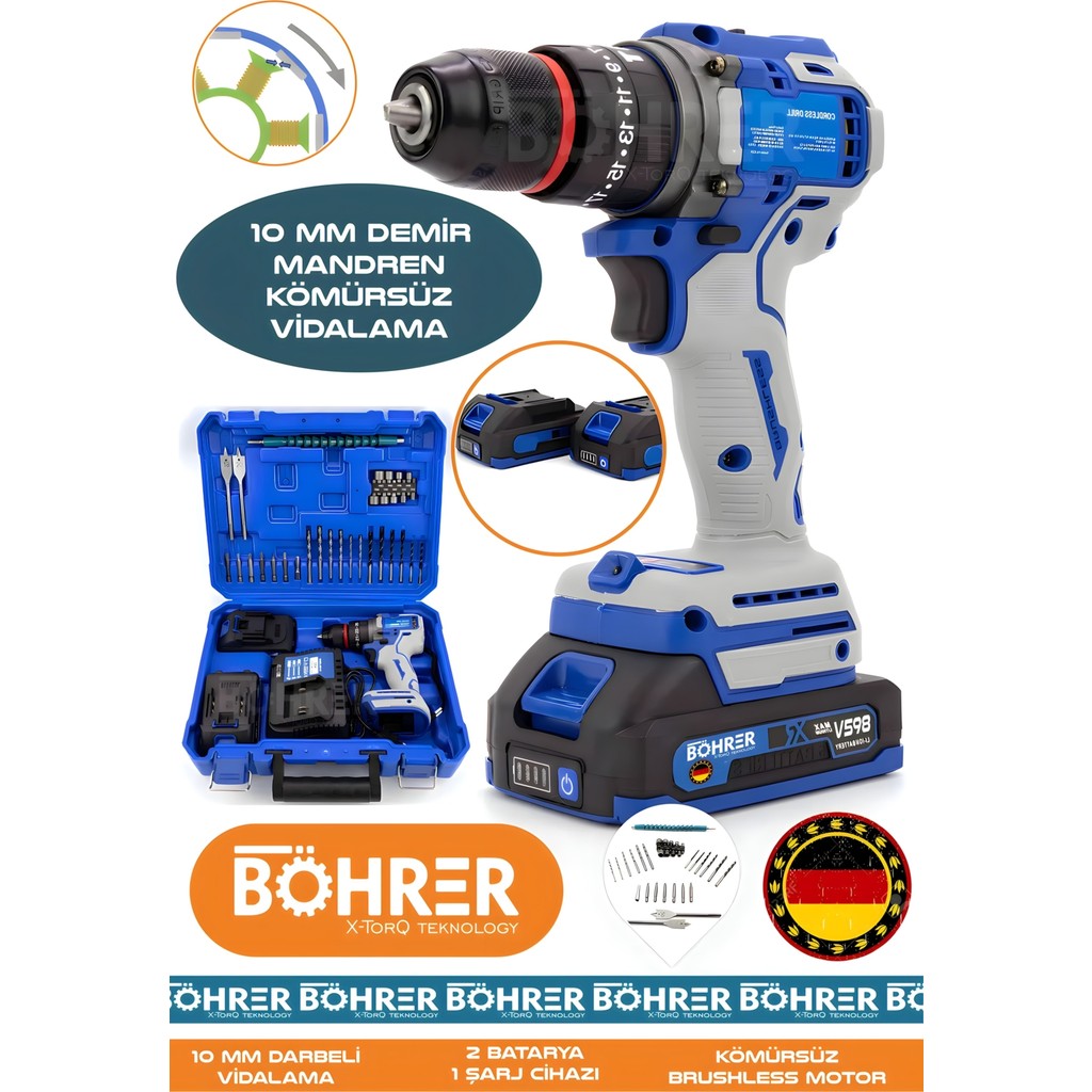 Böhrer Alman Çift Akülü V298 5AH Blue 10MM Demir Mandren Darbeli Vidalama Matkap Matkaplar Fiyatı