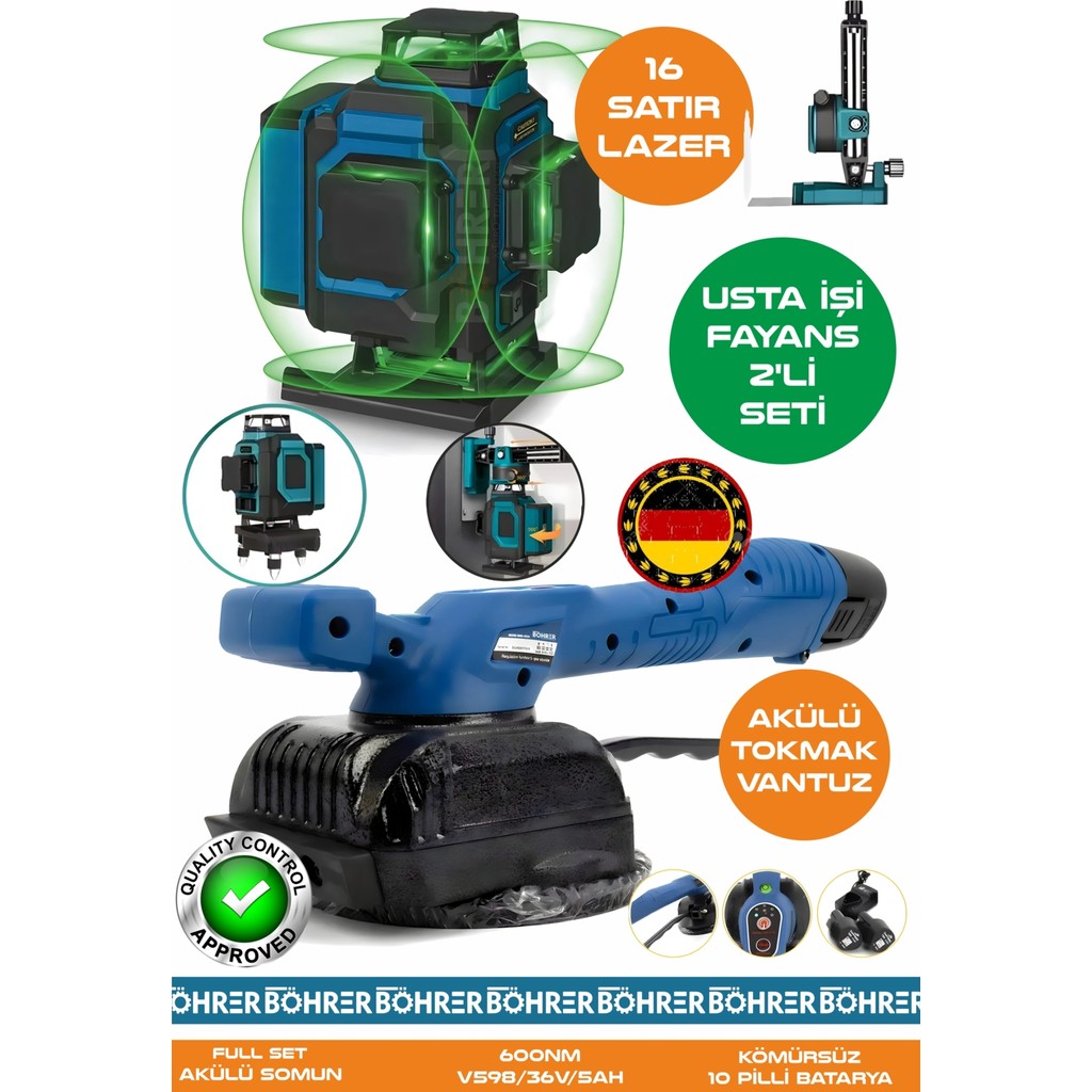 Böhrer Alman Pro BA01079M 2'li Usta Fayans Seti 16 Satır 360 Derece Lazer Hizalaam + Titreşimli Kademeli Fayans Vantuz Tokmak Makinesi SSD / Solid State Drive Fiyatı