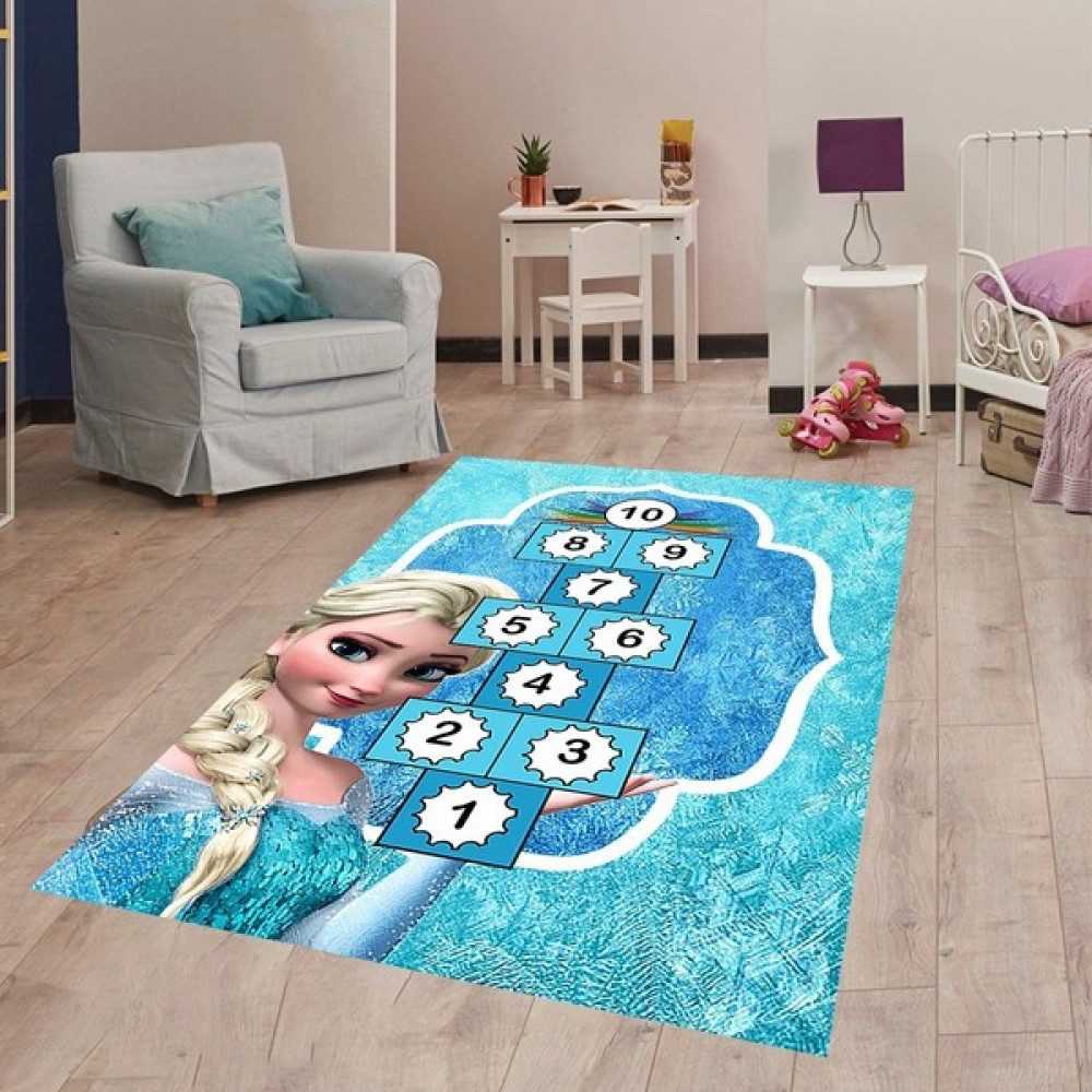 Bona Fortuna Elsa Desenli Seksek Halı Dijital Baskı Yıkanabilir Kaymaz Taban Eğitici Halı Çocuk Odası Halısı - 160 x 230 cm - Mavi Bebek Odası Halı Fiyatı