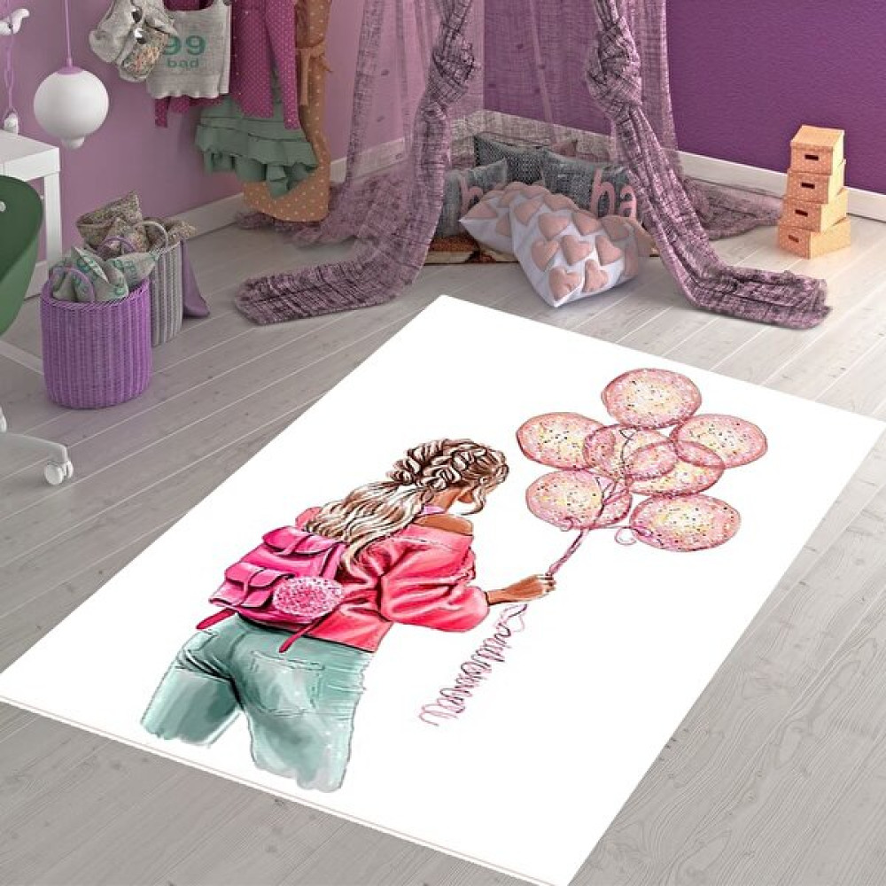 Bona Fortuna Genç Kız Balon Desenli Çiçekli Halı Dijital Baskı Yıkanabilir Kaymaz Taban Kız Çocuk Odası Halısı - 40 x 40 cm - Renkli Bebek Odası Halı Fiyatı